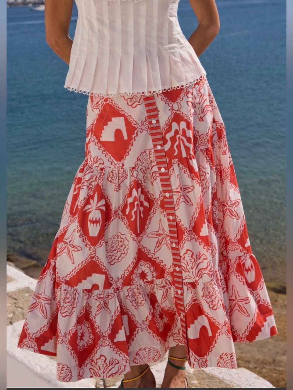 Oliphant Button Front Tiered Midi Skirt in Asterias Red Medium